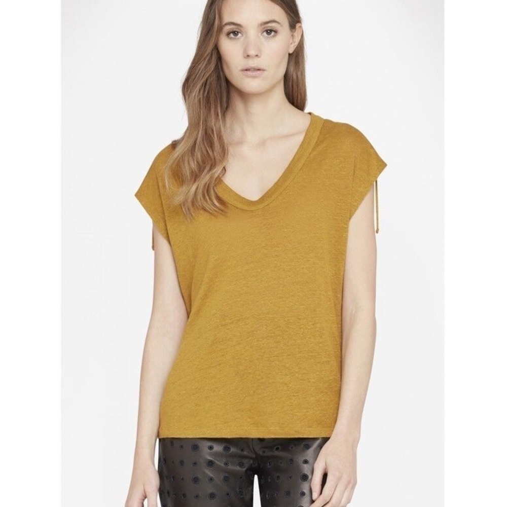 IRO Tobacco Brown Yellow Linen Grommet Lace Up Shoulder Ibex Top EUC Size Small
